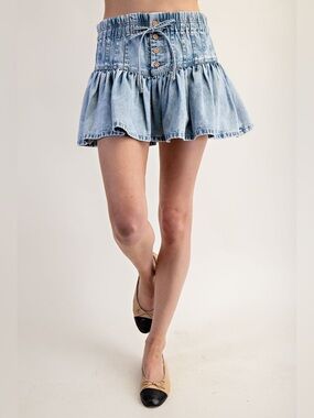 Ruffle Flared Denim Mini Skirt with Elastic Waist - eesome